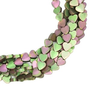 Натуральный камень ГЕМАТИТ бусина плоская Сердечко 6*5,5*2 мм, матовая, цвет розово-зеленый мультиколор, около 40 см/нить