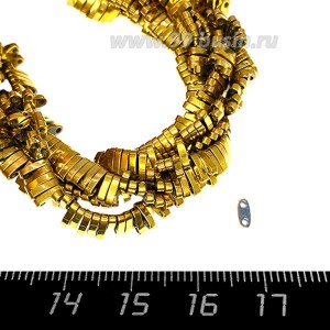 Натуральный камень ГЕМАТИТ "Бусина с двумя отверстиями" 5*2*1 мм  цвет золото, около 20 см/нить