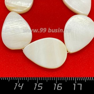 Перламутр натуральный на нитке, бусина Капля плоская 25*18*3 мм, цвет белый, нить 20,5 см/8 штук