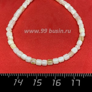 Перламутр натуральный на нитке, бусина Кубик 4*4 мм, цвет белый, нить 38 см