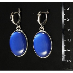 Серьги пластик синий (эффект опала), простой овал 25х18мм, швензы посеребрение