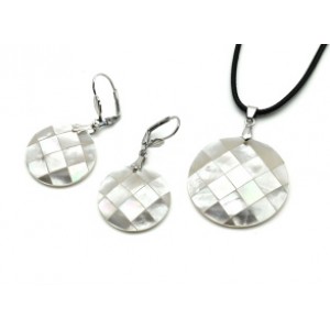 Набор из перламутра Кулон, серьги круг 25мм цвет белый, 44см