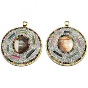 Кулон с рутиловым кварцем и турмалином 53мм