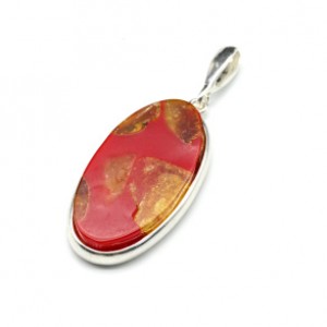 Кулон с янтарём мозаика в посеребрении овал 17*31мм цвет красный