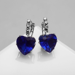 Серьги со стразами "Сердце" мерцание, цвет синий, цвет серебристый