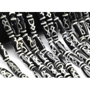 Бусины Дзи "Кубера" из агата бочонок 10*30мм, цвет черный, 29см, 10 бусин