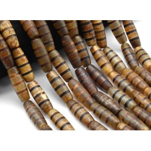 Бусины Дзи "Три полоски" из агата бочонок 10*30мм, цвет сепия, 30см, 10 бусин