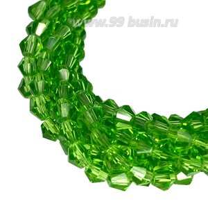 Бусина хрустальная биконус 4,5 мм прозрачный светло-зеленый нить ок. 38 см