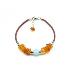 Женский браслет каучук с янтарем и агатом пати цвет карамельный, 17см.