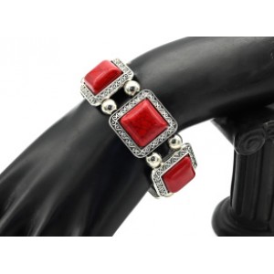 Браслет металлический "Ретро" с кораллом (имитация), квадраты, 18см