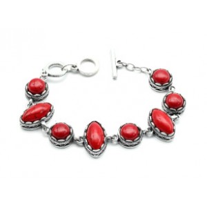 Браслет на металлической основе с кораллом (имитация), овалы и круги, 19-21см