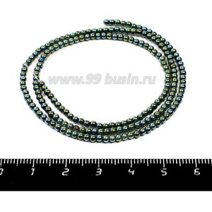 Натуральный камень ГЕМАТИТ бусины круглые 2 мм, цвет зелено-голубой, около 40 см/нить