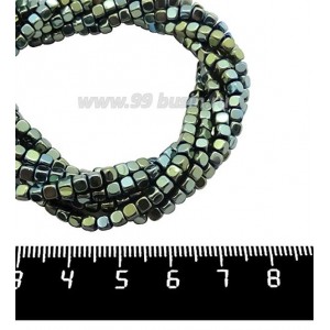 Натуральный камень ГЕМАТИТ кубик 3*3 мм, цвет голубовато-зеленый мультиколор, 40 см/нить