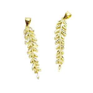 Подвеска Премиум Лист с цирконами 37*9 мм, цвет золото, 1 штука