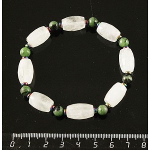 Браслет горный хрусталь (бочонок), цоизит нат. (шарик), гематит (рондель)