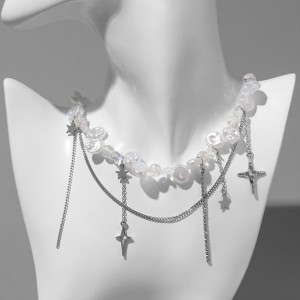 Колье-чокер-колье многослойный "Звёздочки" жемчужные бусины, цвет белый, цвет серебристый