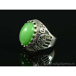 Перстень с агатом тонированным из ювелирного сплава овал 13*18мм цвет зеленый,  (иск.)