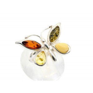 Кольцо Бабочка посеребренное с янтарём 25*20мм цвет ассорти