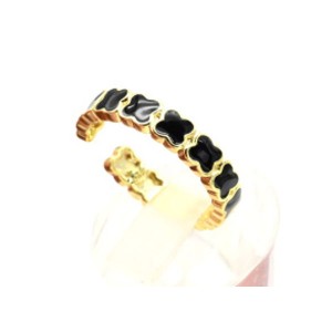 Кольцо Клевер с эмалью черной, золотистое (иск.)
