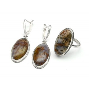 Кольцо и серьги агат моховой