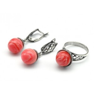 Кольцо и серьги агат тонированный цвет красный