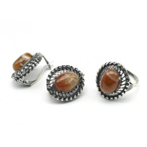 Кольцо и серьги с агатом тонированным, цвет  кофе