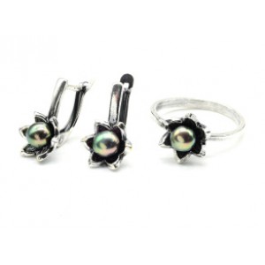 Кольцо и серьги с жемчугом черным