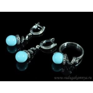 Кольцо и серьги майорка цвет голубой  (иск.)