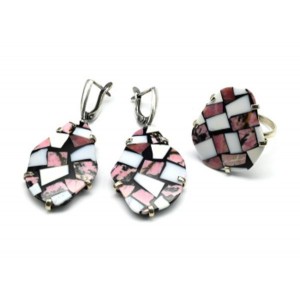 Кольцо и серьги "Мозаика" родонит и кахолонг