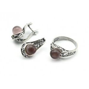 Кольцо и серьги с кошачьим глазом цвет сиреневый  (иск.)