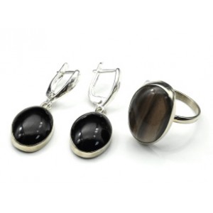 Кольцо и серьги обсидиан "Овал"