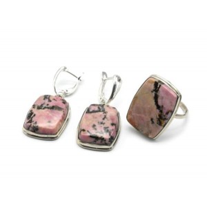 Кольцо и серьги из родонита "Прямоугольник"