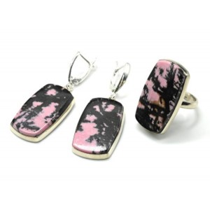 Кольцо и серьги с родонитом "Прямоугольник"