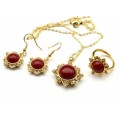 Комплект украшений Кольцо, серьги, кулон с сердоликом (имитация) и цирконом