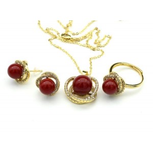 Комплект украшений Кольцо, серьги, кулон с сердоликом (имитация) и цирконом Комплект украшений Кольцо, серьги, кулон с сердоликом (имитация) и цирконом