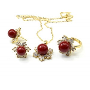 Комплект украшений Кольцо, серьги, кулон с сердоликом (имитация) и цирконом