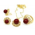 Комплект украшений Кольцо, серьги, кулон с сердоликом (имитация) и цирконом