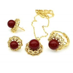 Комплект украшений Кольцо, серьги, кулон с сердоликом (имитация) и цирконом Комплект украшений Кольцо, серьги, кулон с сердоликом (имитация) и цирконом