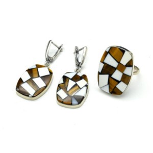 Кольцо и серьги " Мозаика" из тигрового глаза и кахолонга