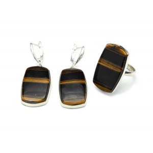 Кольцо и серьги тигровый глаз "Прямоугольник"