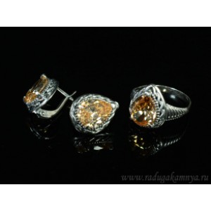 Кольцо серьги с цирконом искусственным, цв.шампань р-р 20