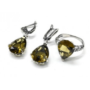 Кольцо и серьги с цирконом искусственным, цвет зеленый