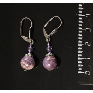 Серьги чароит шарик 10мм, бусина хрусталь, шапочка