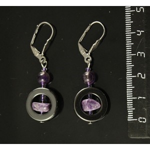 Серьги чароит (галтовка), аметист (шарик 6мм), гематит (круг)