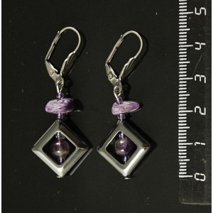 Серьги чароит (галтовка), аметист (шарик 6мм), гематит (ромб)