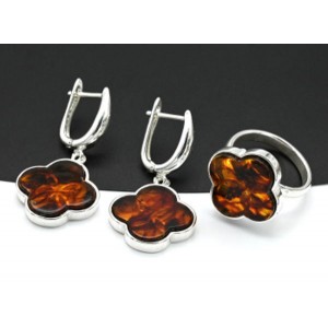 Комплект Клевер 18*18мм с янтарём в посеребрении цвет коньячный, 5,3г (иск.)