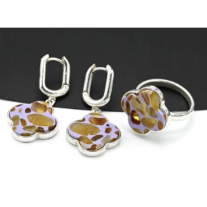 Набор Клевер 18*18мм с янтарём мозаика в посеребрении цвет лавандовый, 6,4г