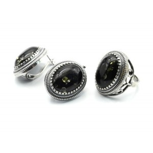 Набор с янтарём кольцо, серьги овал  21*25мм цвет зеленый, 10,8г (иск.)