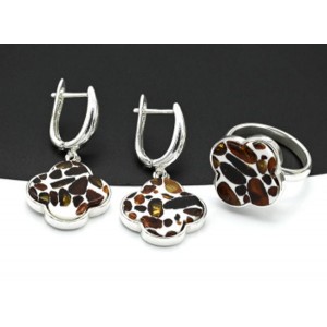 Комплект Клевер 18*18мм с янтарём мозаика в посеребрении, 5,3г