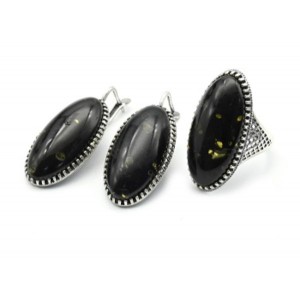 Комплект Кольцо и серьги с янтарем овал 17*32мм цвет зеленый, 8,6г (иск.)